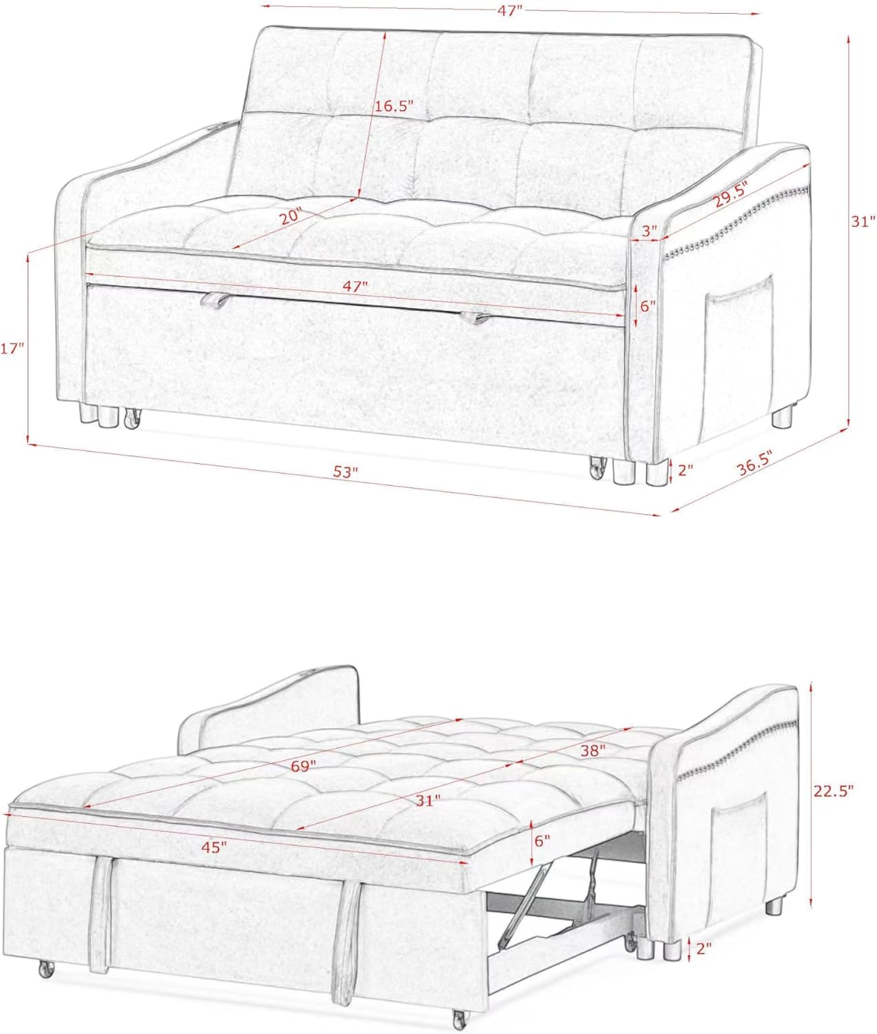 Convertible Sleeper Sofa Couch with Pull Out Bed E4472