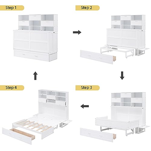 White Queen Size Murphy Bed with Bookcase and Drawer Z62488