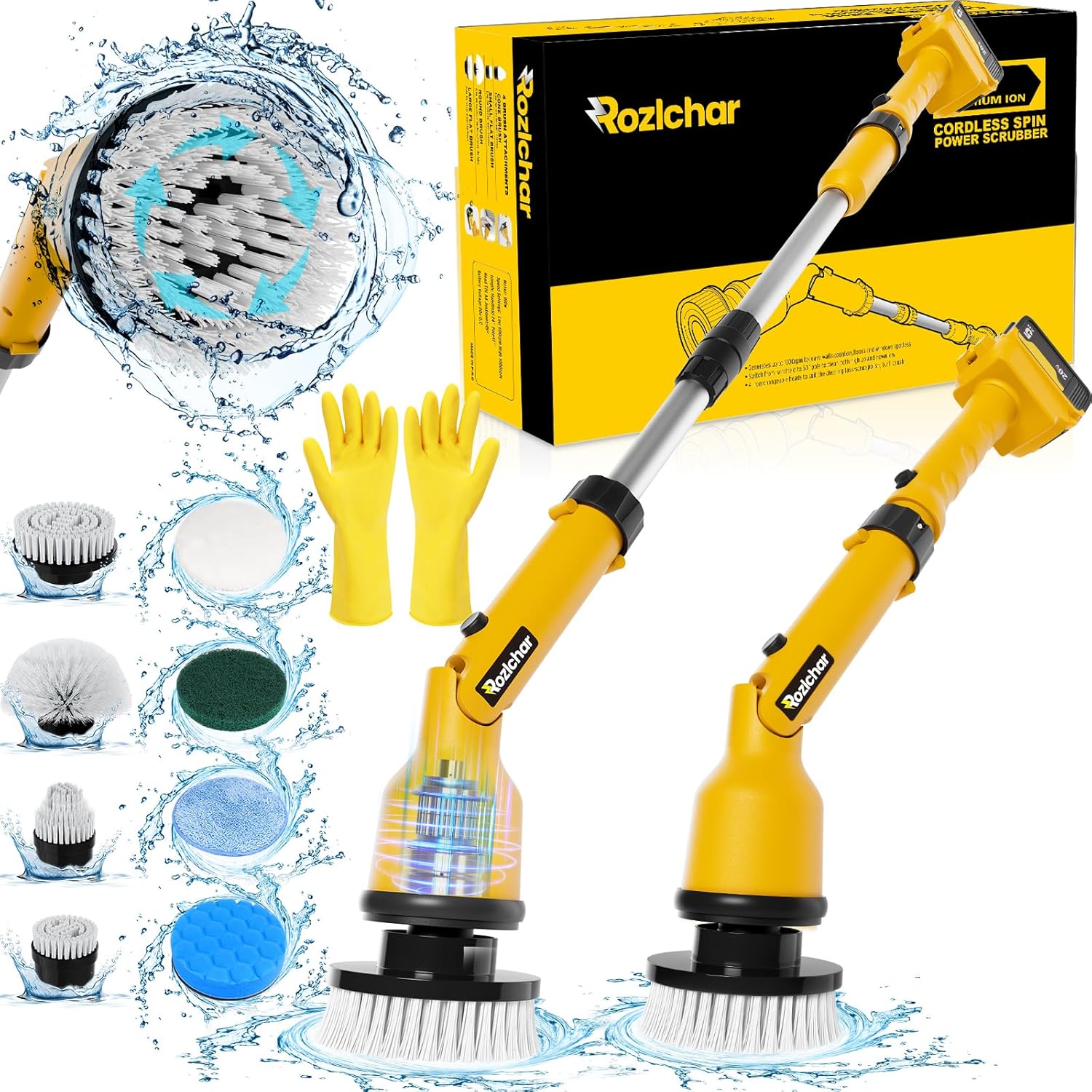 Cordless Power Spin Scrubber with Adjustable Extension Arm and 8 Replaceable Cleaning Heads O477
