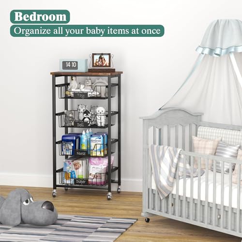 4-Tier Rolling Storage Cart with Pull-Out Baskets and Wood Top K927079