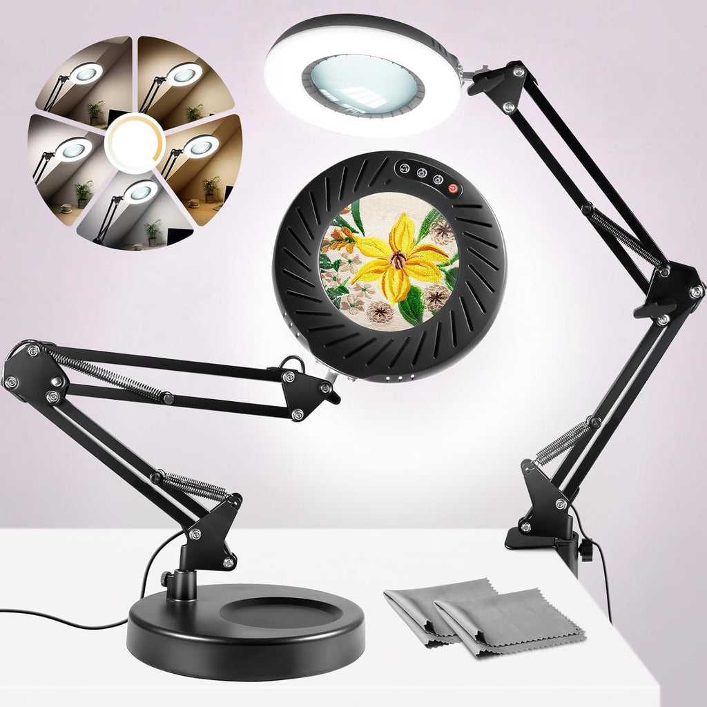 12X Magnifying Glass with Light and Stand, 5 Color Modes Stepless Dimmable LED Desk Lamp with Clamp, Hands Free Flexible Magnifier L6592