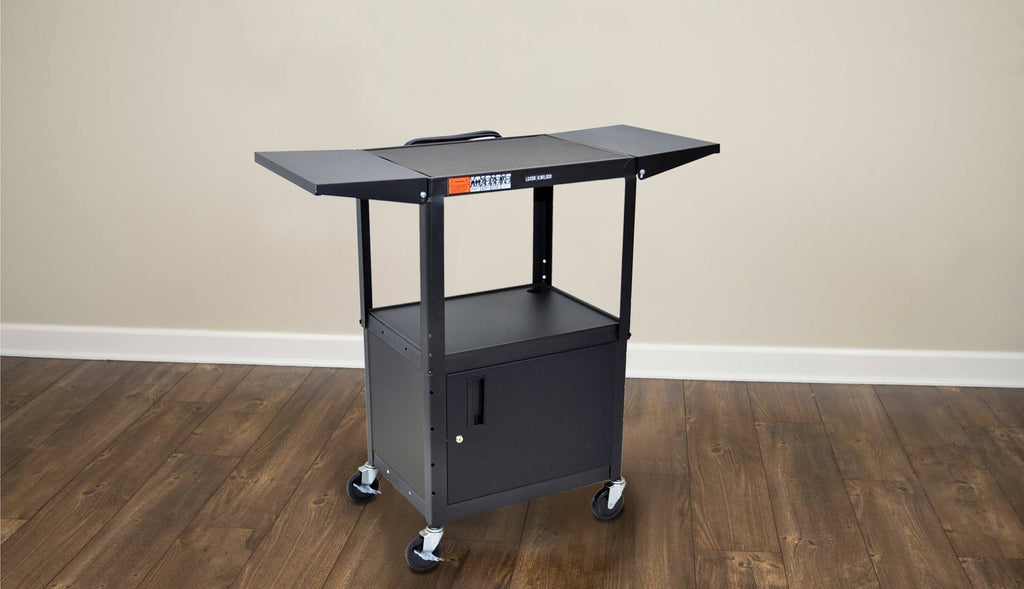 Adjustable Height Steel AV Cart with Cabinet and Drop Leaf V97417