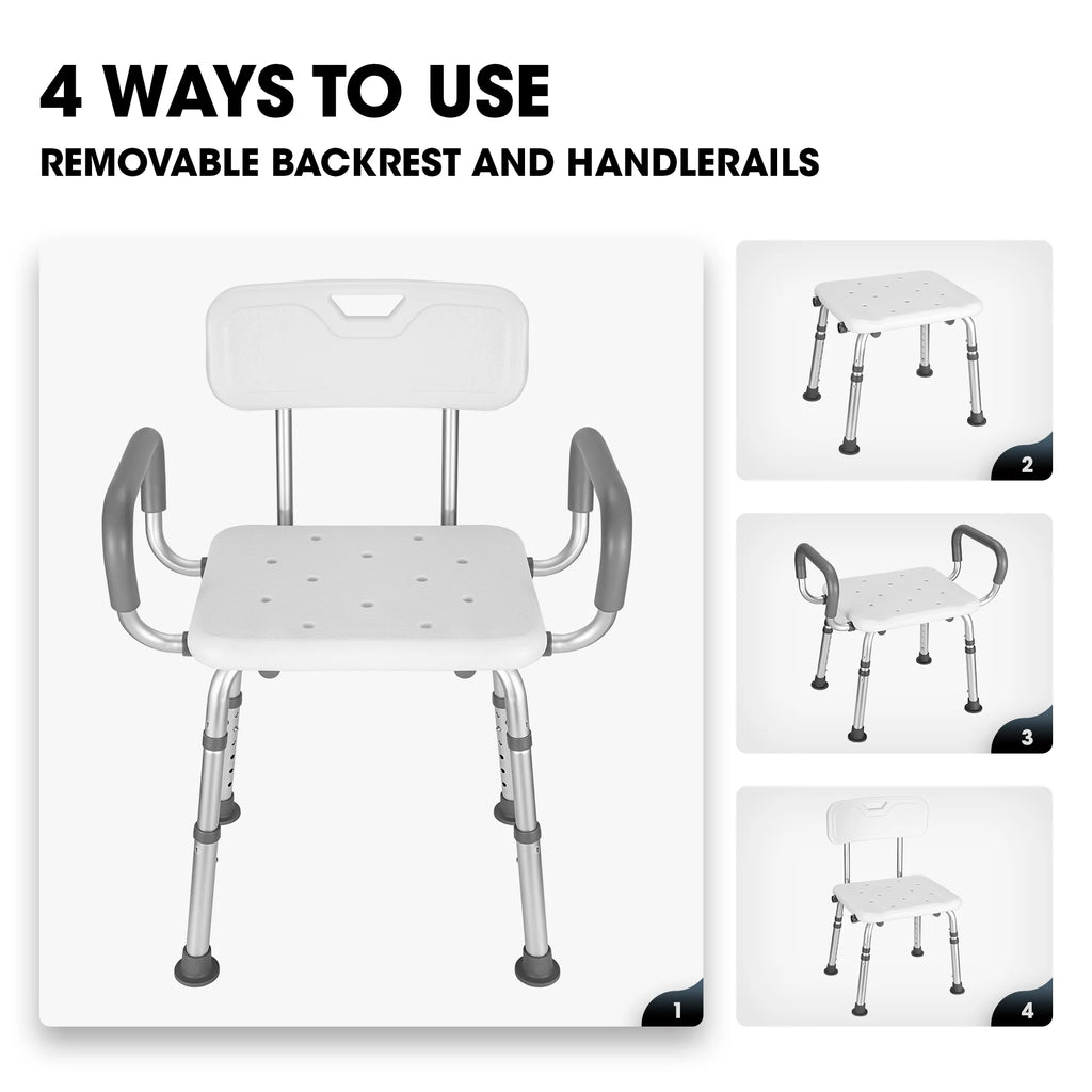 Shower Chair with Back and Padded Armrests, 6 Levels Adjustable Height W4240