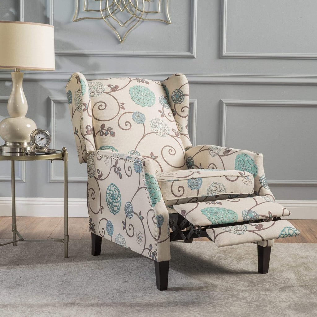Blue White Floral Fabric Recliner Club Chair K1196