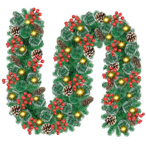 9Ft Pre-lit Christmas Garland with LED Lights Battery Operated, Decorated with Red Flower, Balls, Berries, Snowy Pine B93904