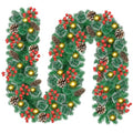 9Ft Pre-lit Christmas Garland with LED Lights Battery Operated, Decorated with Red Flower, Balls, Berries, Snowy Pine B93904