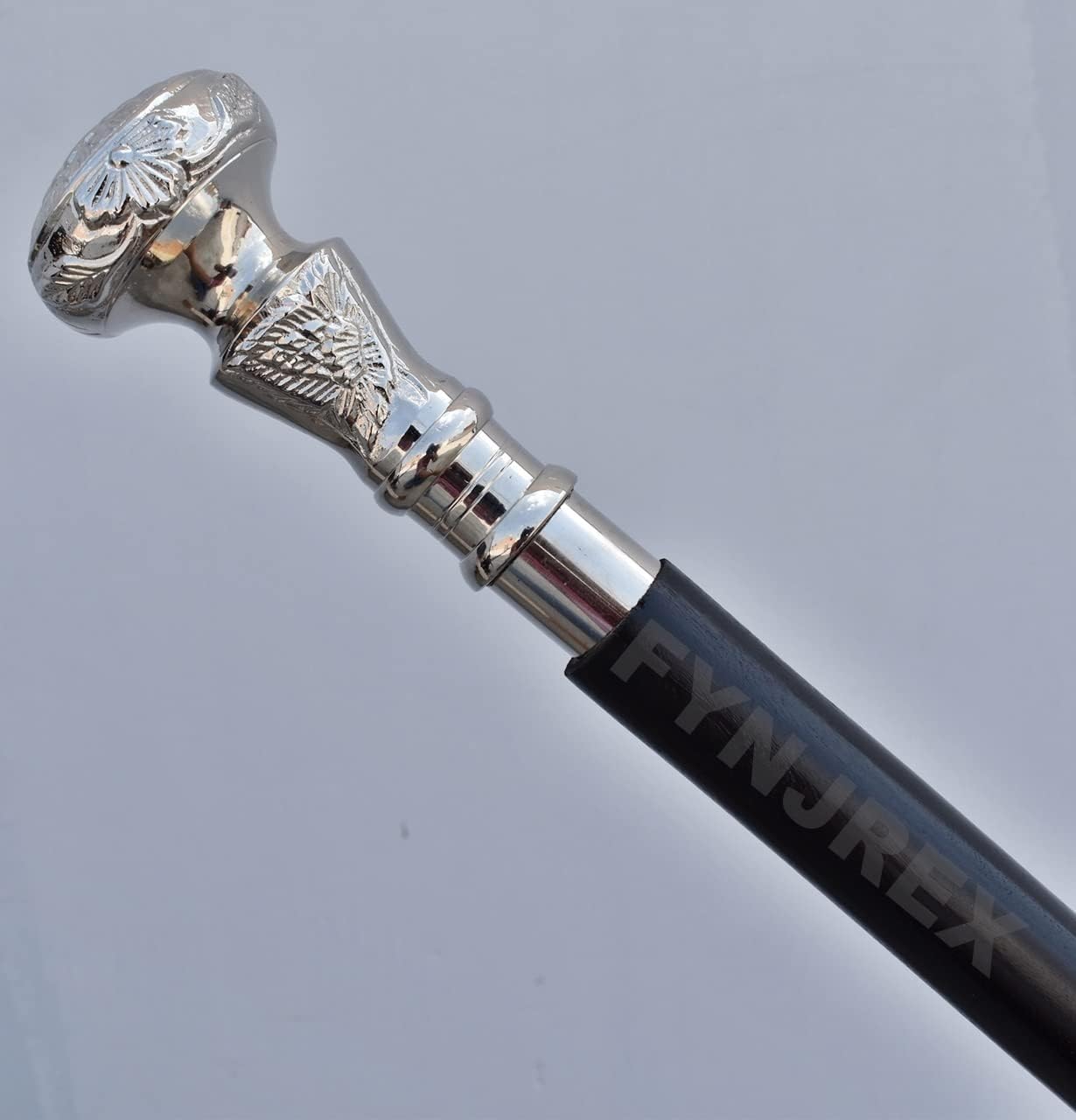 Black Shaft Silver Brass Handle Wooden Walking Cane L480287