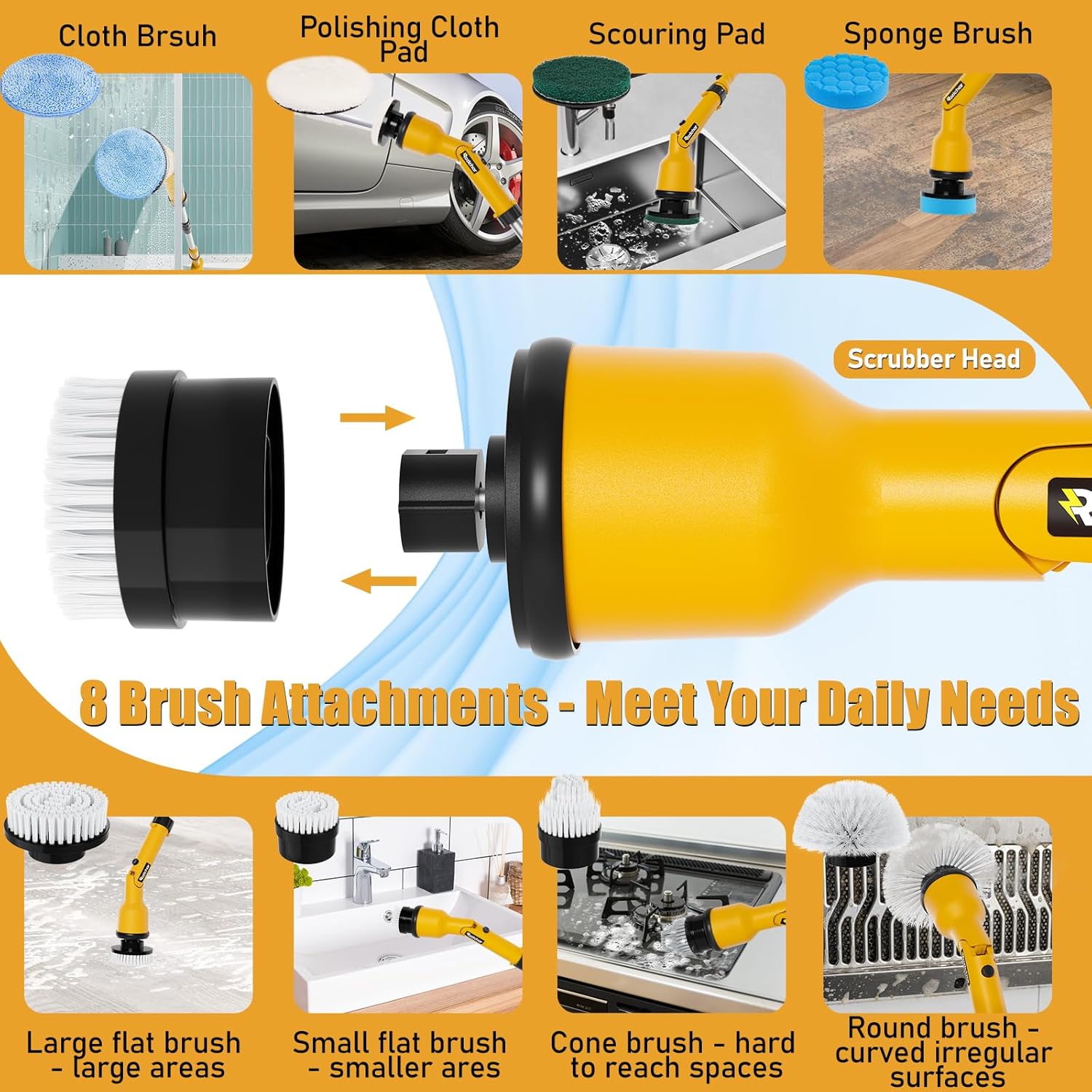 Cordless Power Spin Scrubber with Adjustable Extension Arm and 8 Replaceable Cleaning Heads O477