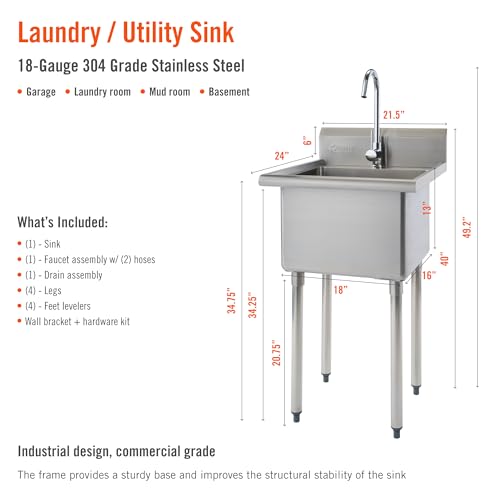 Stainless Steel Single Bowl Utility Sink, 21.5” x 24” x 49.2”, Silver D31086