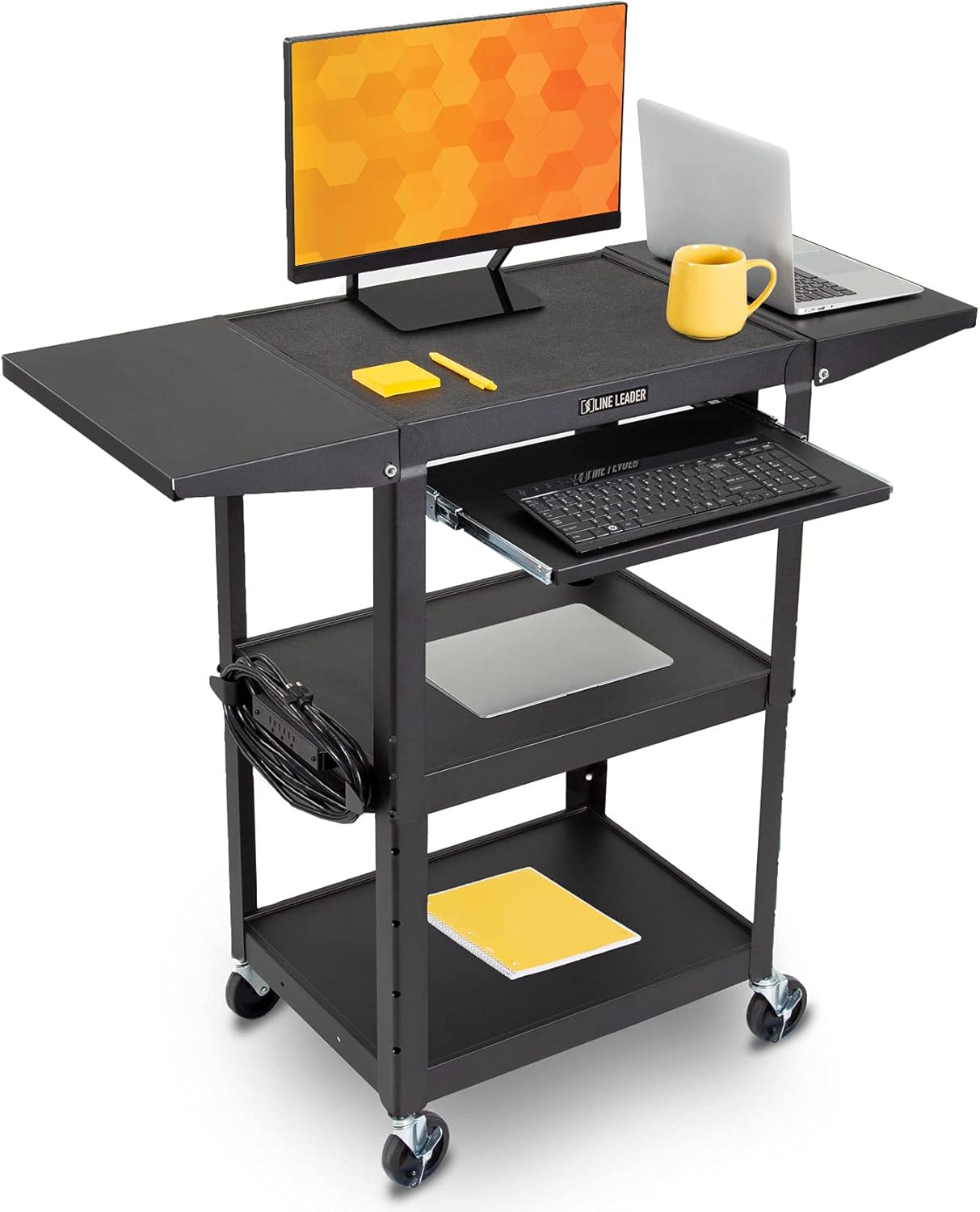 Black Height Adjustable Utility Cart with Drop Leaf Shelves and Pullout Laptop Tray W935493