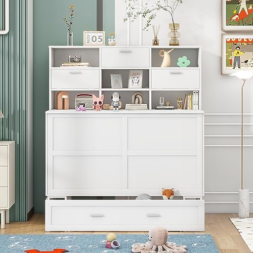 White Queen Size Murphy Bed with Bookcase and Drawer Z62488