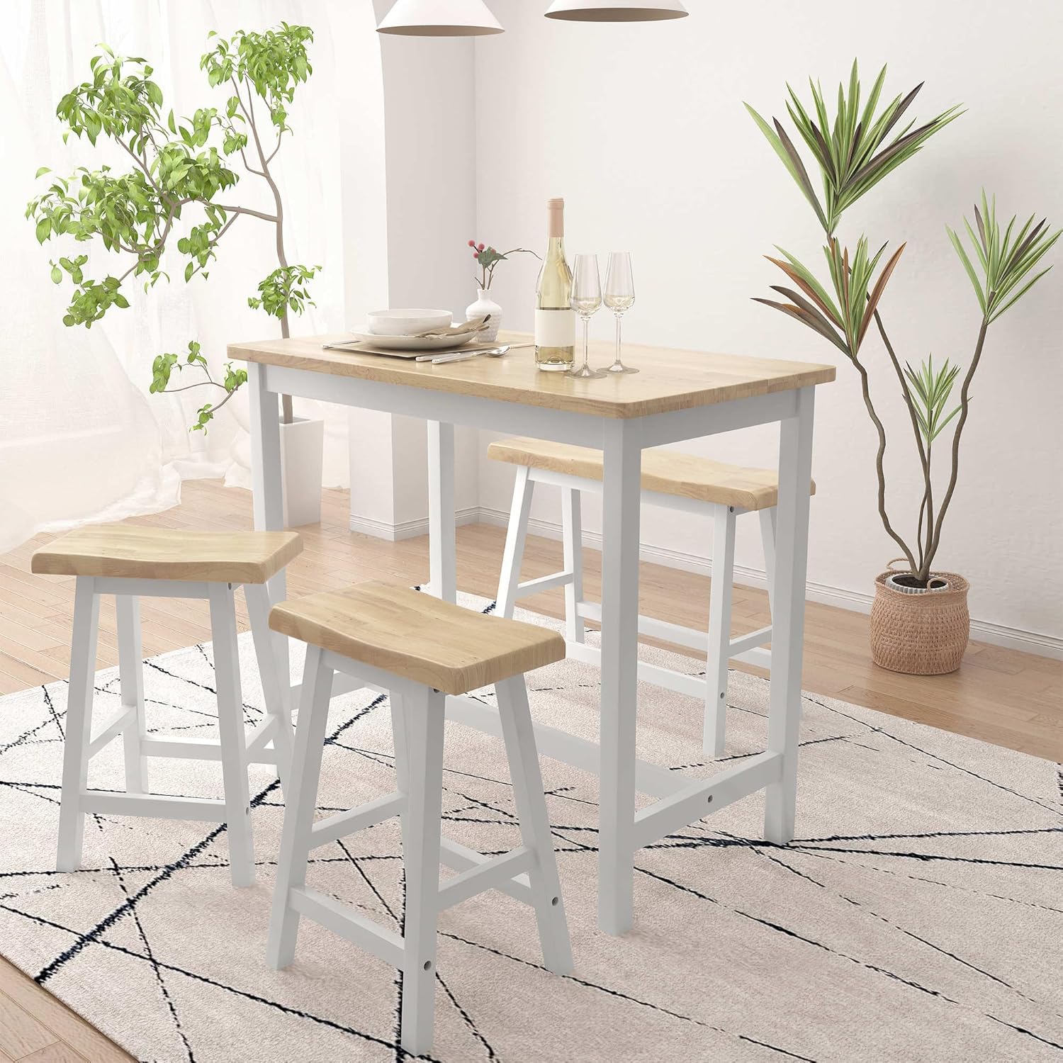 Natural Color & White Rubber Wood Bar Dining Table Set for 4 X157236