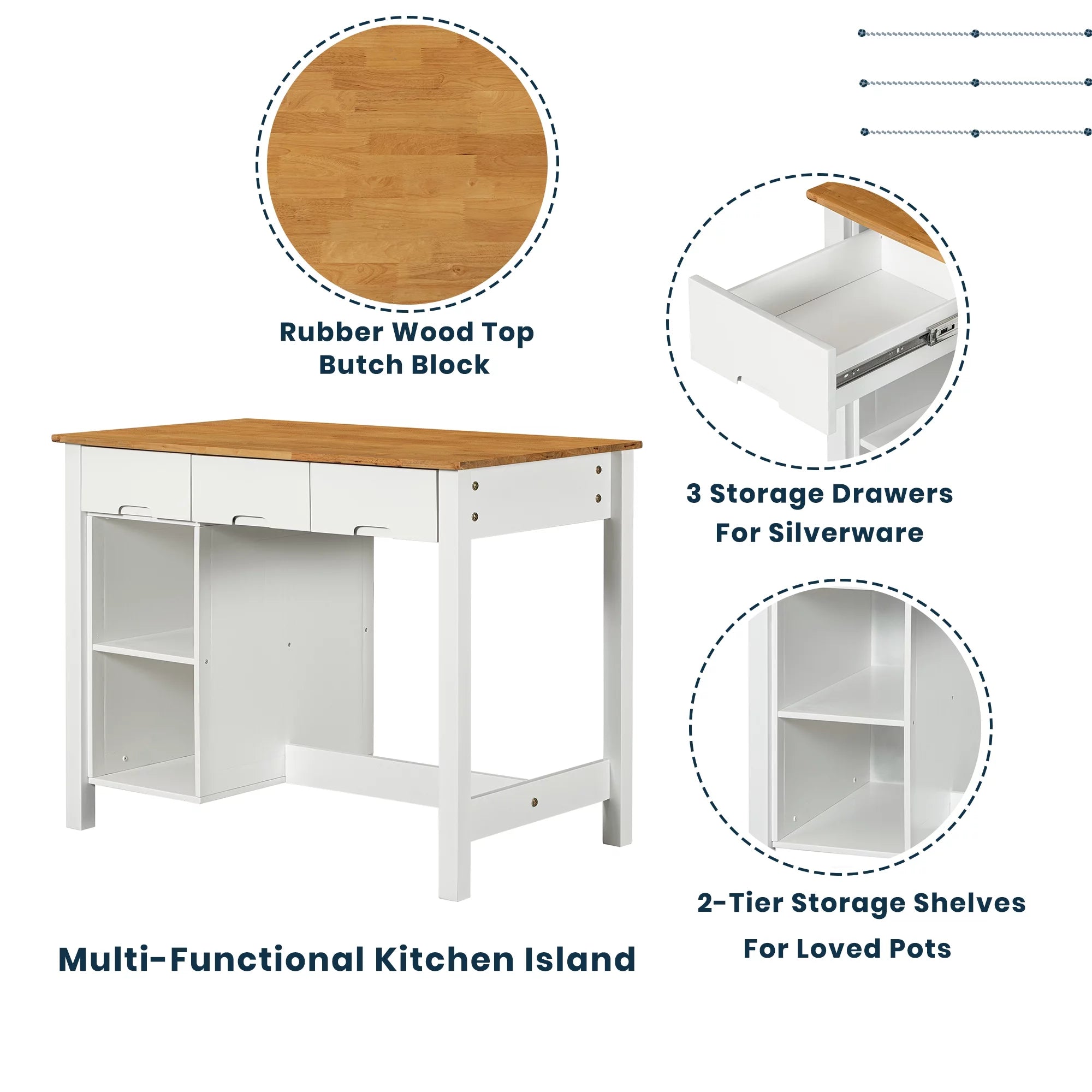 White 3-piece Rubber Wood Kitchen Island Set with 2 Shelves and 3 Drawers M6553