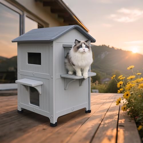 Grey Plastic 2 Story Elevated Cat Shelter with Escape Door P4525