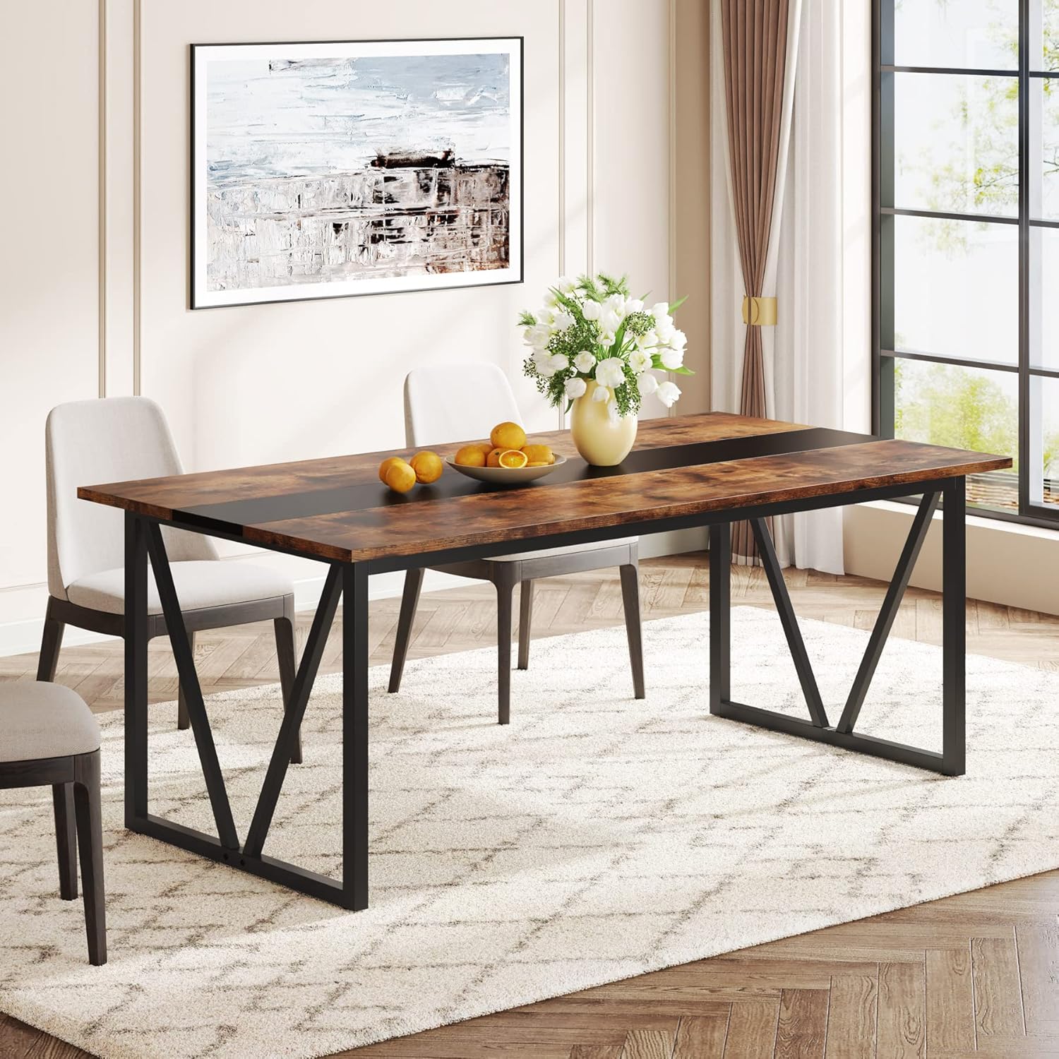 70.8-inch Rectangular Wood Dining Table with Metal Frame B66926