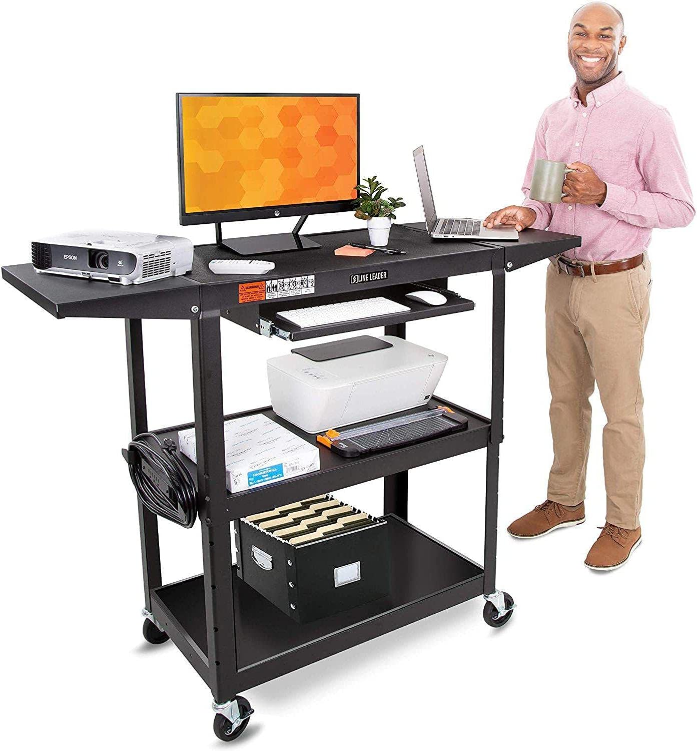 Black Height Adjustable Utility Cart with Drop Leaf Shelves and Pullout Laptop Tray W935493