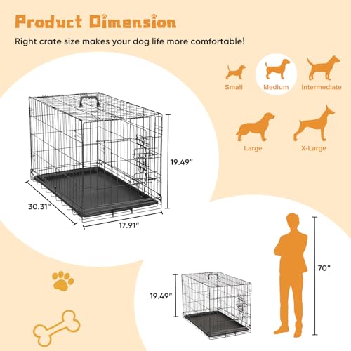 36 Inch Double Door Metal Dog Crate with Divider Panel and Plastic Leak-Proof Pan Tray L39563