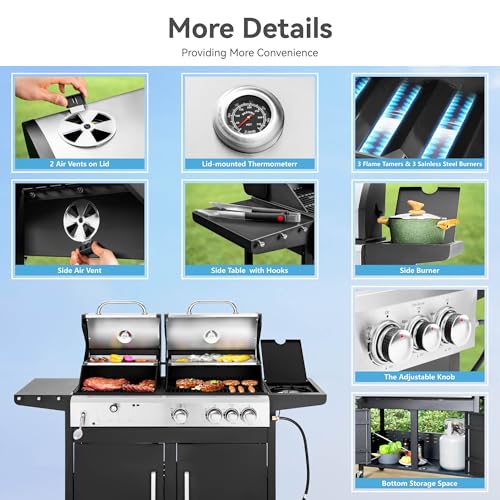 3 Burner Propane Gas and Charcoal Grill Combo with Side Burner, 37,000 BTUs 685 SQIN Dual Fuel Outdoor BBQ Grill F986302