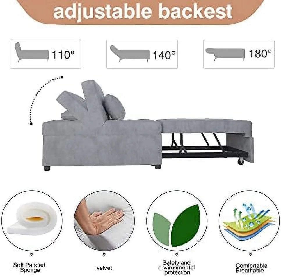 Velvet Convertible Sofa Bed 4 in 1 Folding Ottoman Lounge Chair with Adjustable Backrest and Pillow U3248