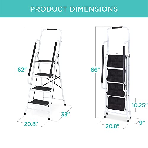 4-Step Folding Step Stool with Padded Hand Grips, Non Slip Rubber Feet, Attachable Tool Bag I16592