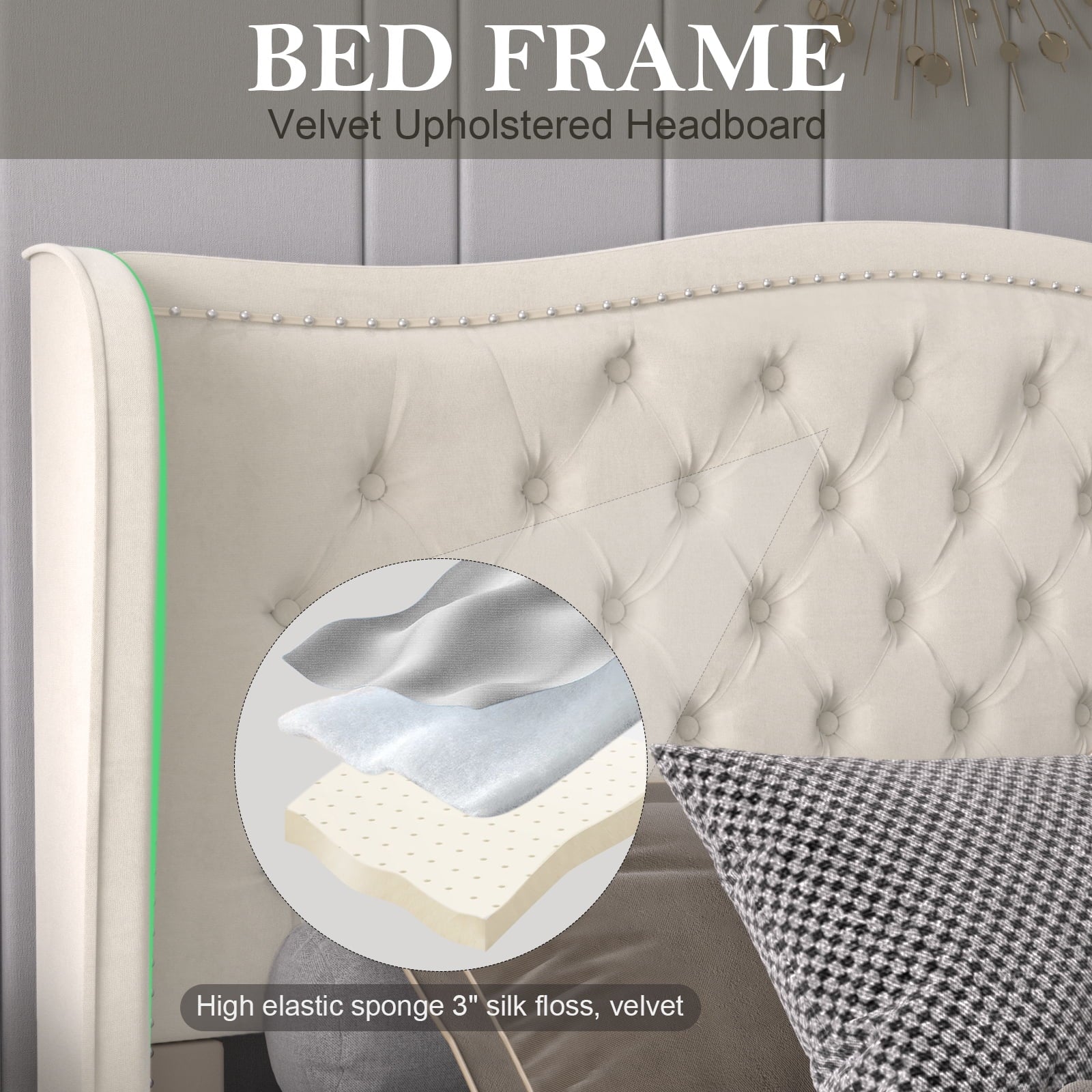 White Velvet Upholstered Tufted Platform Bed Frame V876