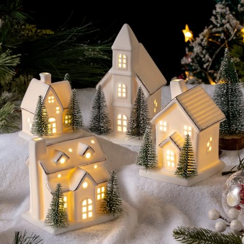 4 Pcs Ceramic Christmas Village Set LED Porcelain Houses with Trees White Snow Tabletop Decor K8007