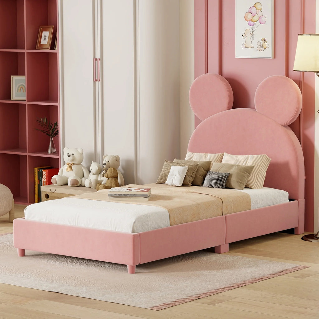 Pink Twin Size Upholstered Platform Bed Frame with Wood Slat Support T45063