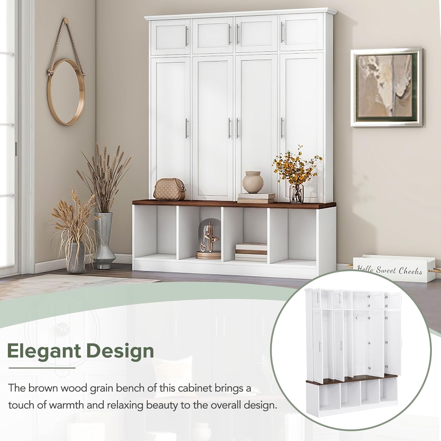 White Wide Entryway Hall Tree with Storage Bench & Shoe Cube Storage, 8 Cabinets, Coat Rack H676148