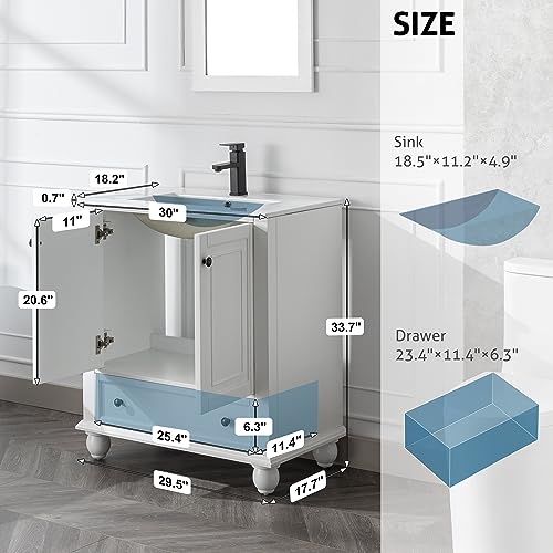 30" Bathroom Vanity Sink Combo with Painted Solid Wood Construction, Undermount Ceramic Sink with Matte Black Faucet & Drain, Pure White X237371
