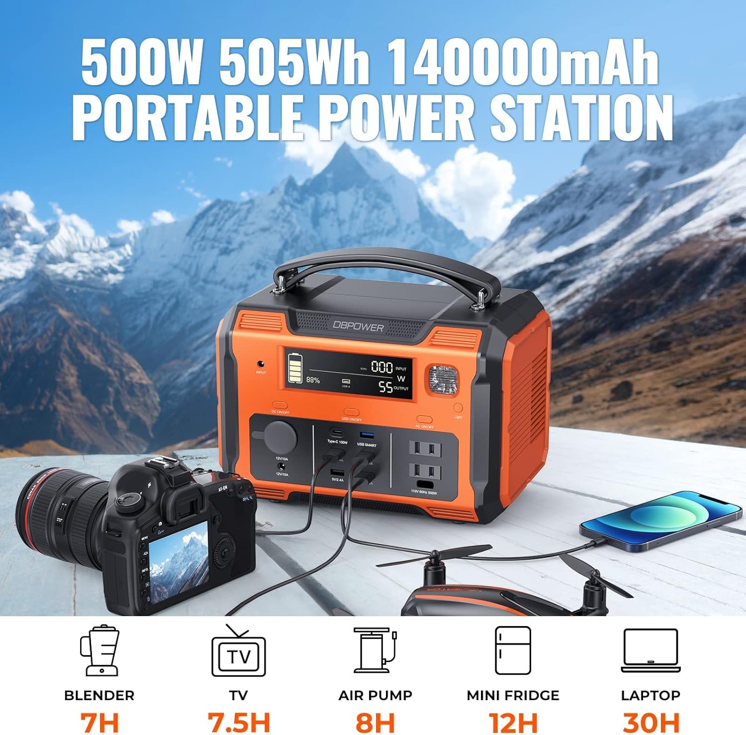 Portable Power Station 505Wh 500W Lithium Battery Pack with 110V AC Outlet SOS LED P693