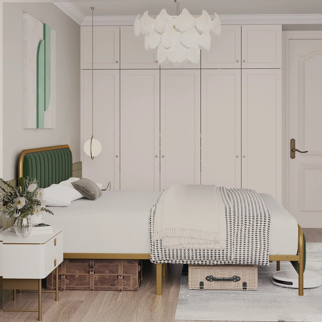 Green Full Size Upholstered Platform Bed Frame with Button Tufted Headboard C63788