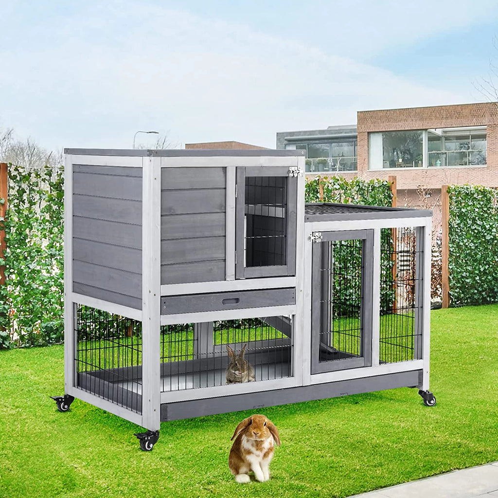 43 Inch Wood Rabbit Hutch with Wheel and 2 No Leak Tray E299935