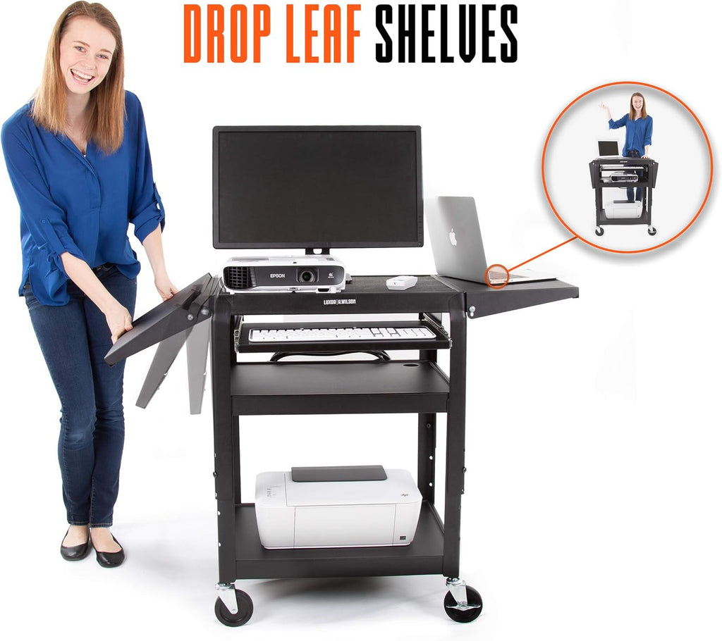 Black Height Adjustable Utility Cart with Drop Leaf Shelves and Pullout Laptop Tray W935493