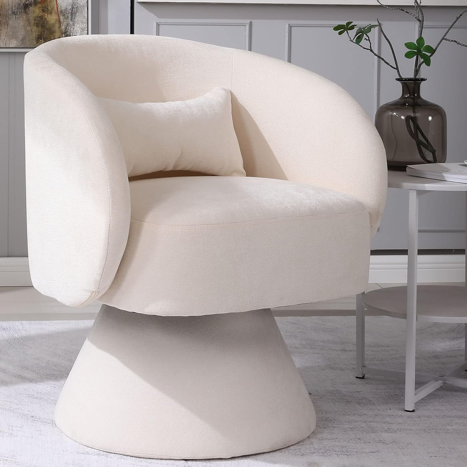 Beige Linen Fabric Swivel Barrel Accent Chair R417