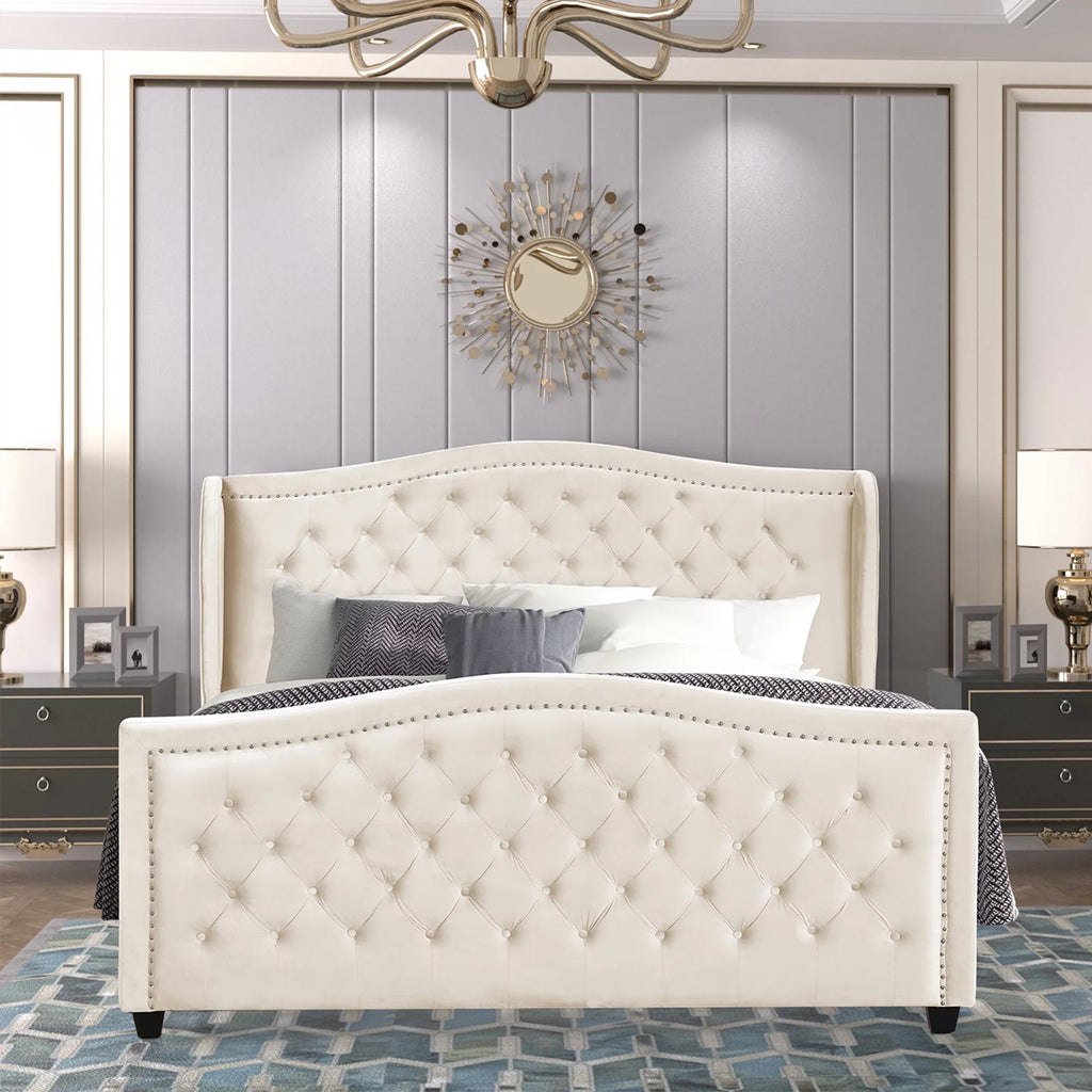 White Velvet Upholstered Tufted Platform Bed Frame V876