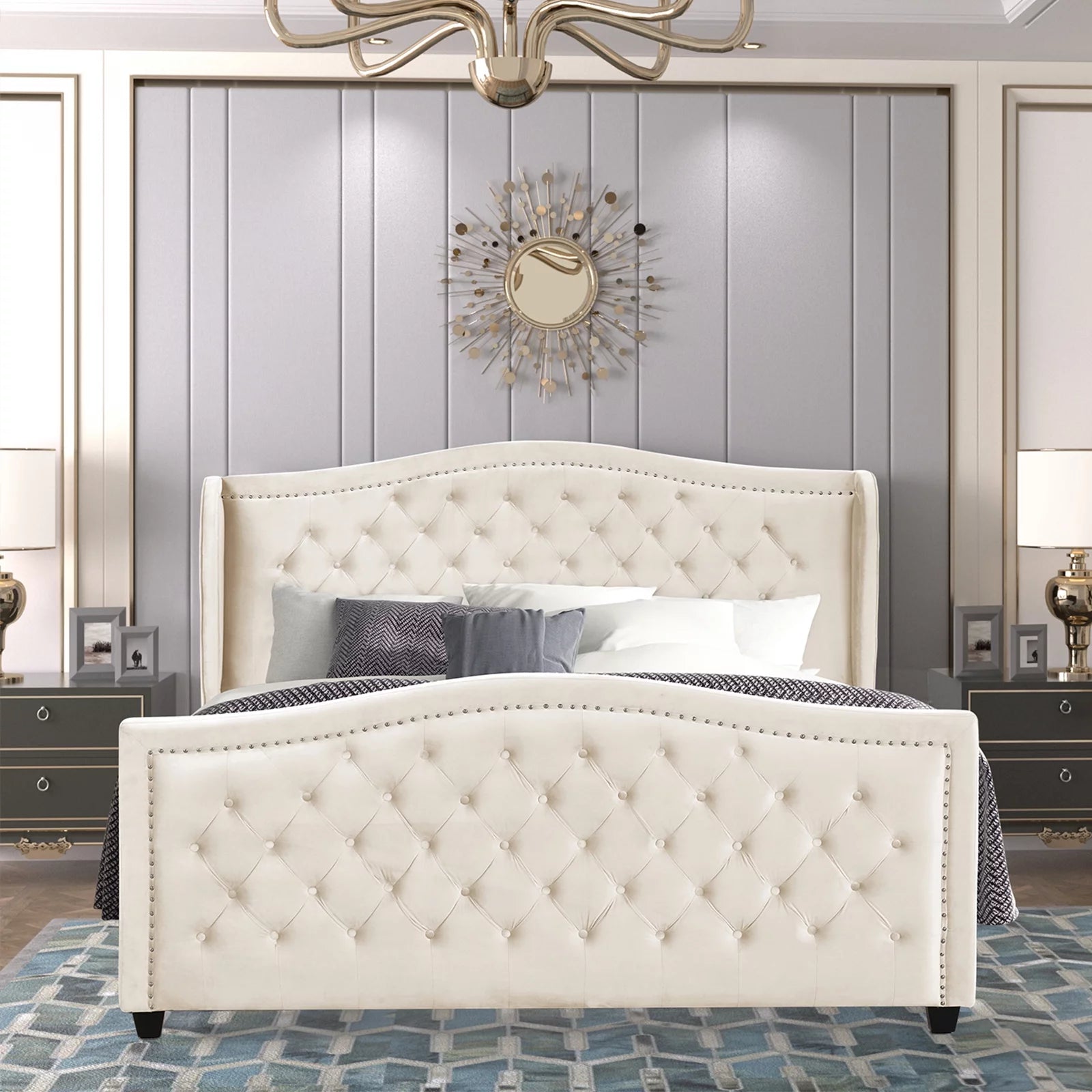 White Velvet Upholstered Tufted Platform Bed Frame V876