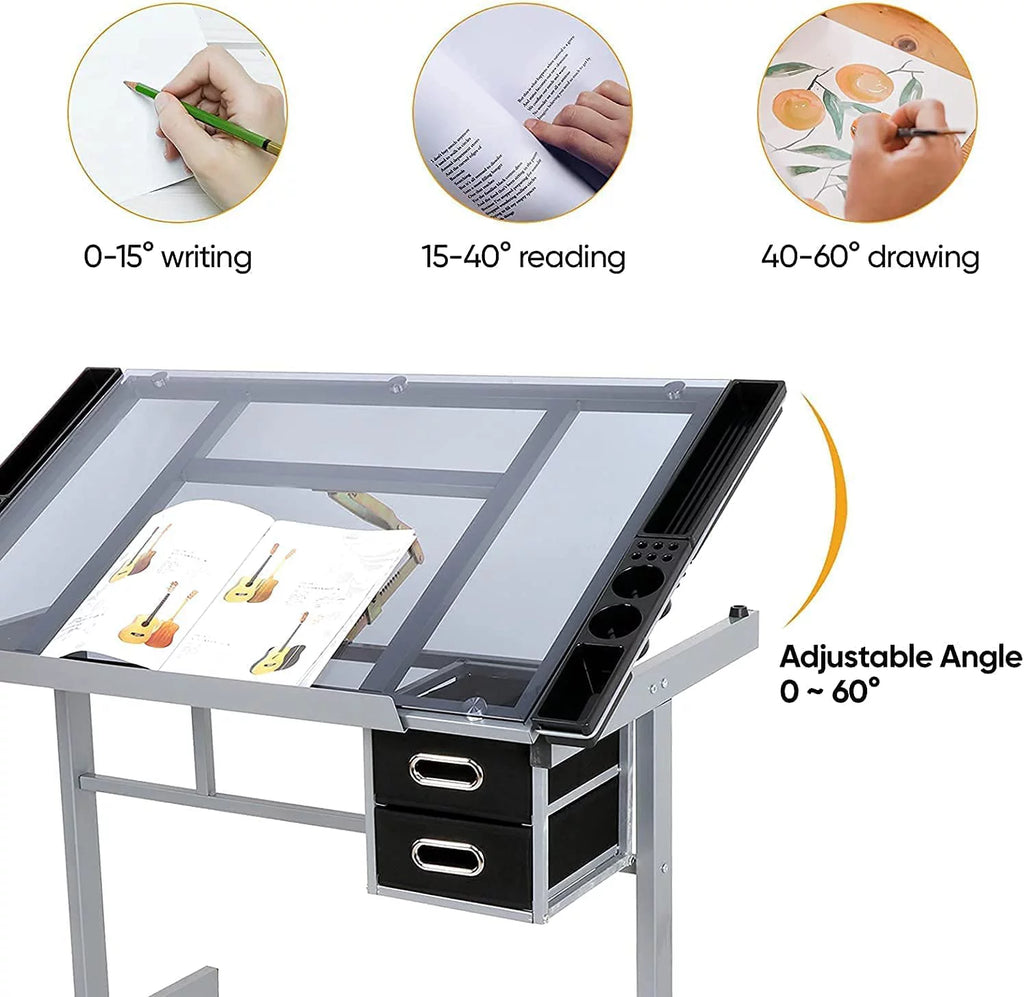 Adjustable Glass Tabletop Drawing Desk with 2 Slide Drawers and Wheels Z519611