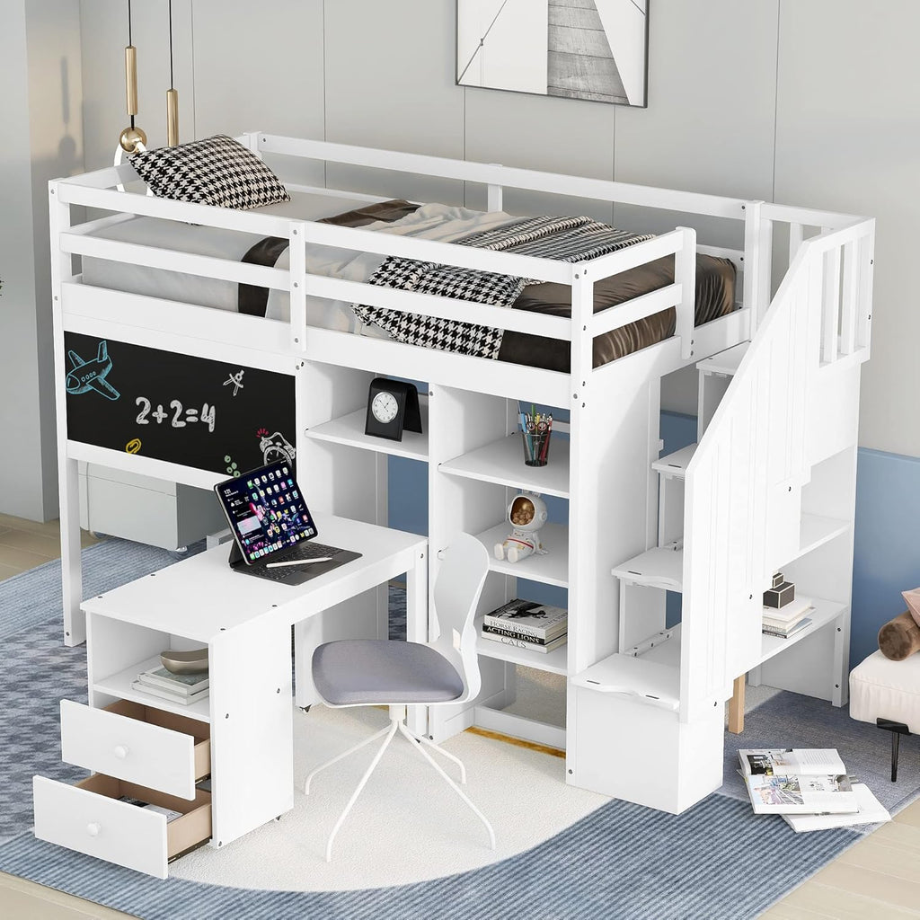 Twin Size Solid Wood Loft Bed with Stairs and Desk M3482