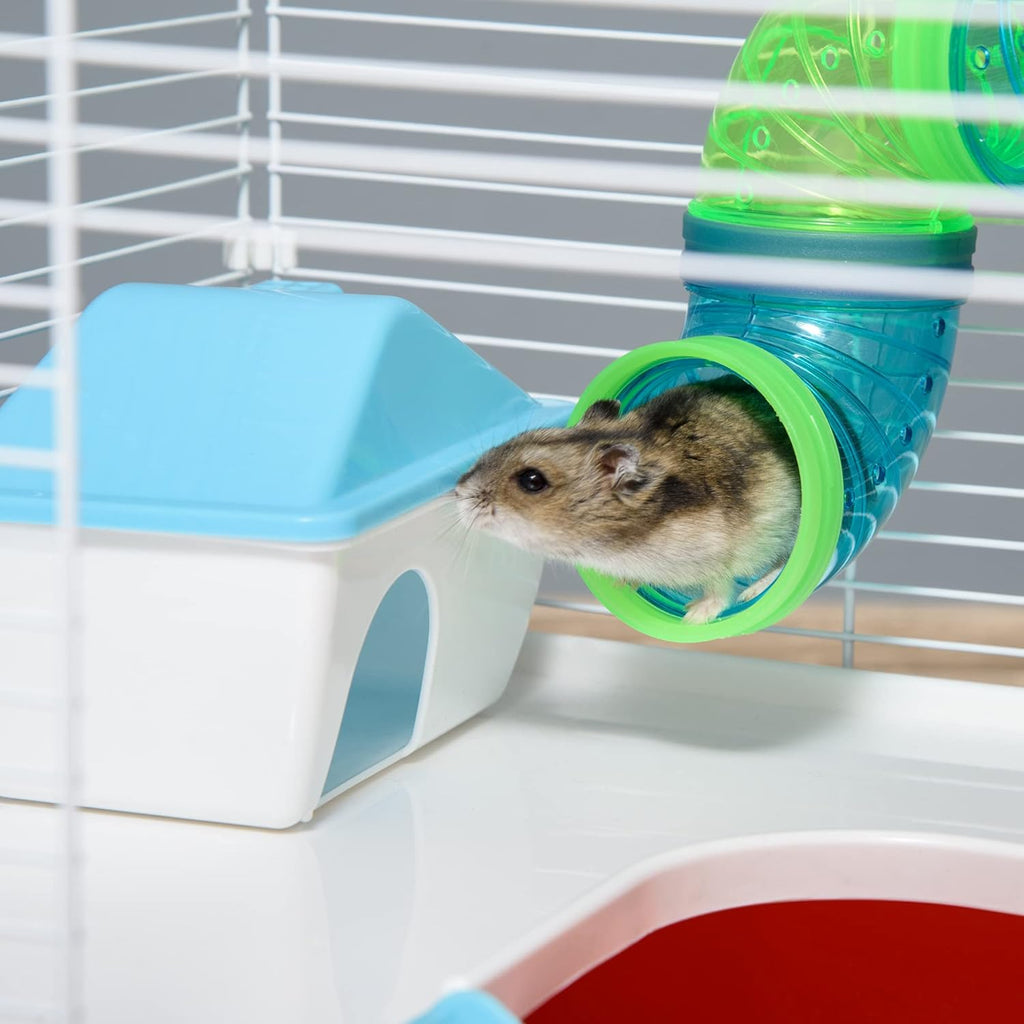 Large 2-Level Steel Hamster Cage with Tubes and Tunnels, Includes Exercise Wheel, Water Bottle, Food Dish, 23" x 14" x 14", Red I723