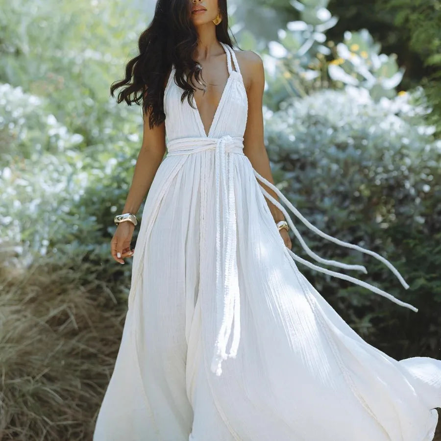 Women's Swing Dress Vacation V Neck Sleeveless Solid Color Maxi Long Dress Holiday Daily Beach