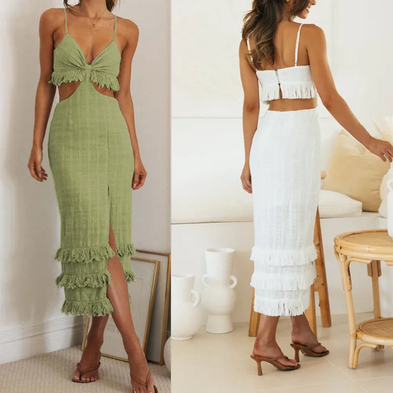 Women's Slit Dress Sexy V Neck Sleeveless Solid Color Midi Dress Holiday Daily