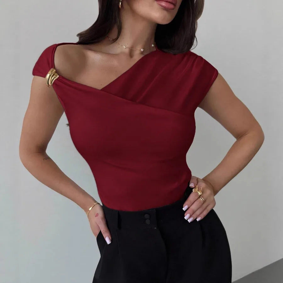 Solid Color Simple Style Short Sleeve Polyester T-shirt with Asymmetrical Design