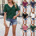 Loose Women's Casual T-shirt Pure Color With Lace Trim Spring Summer New Style  V-neck Short Sleeve