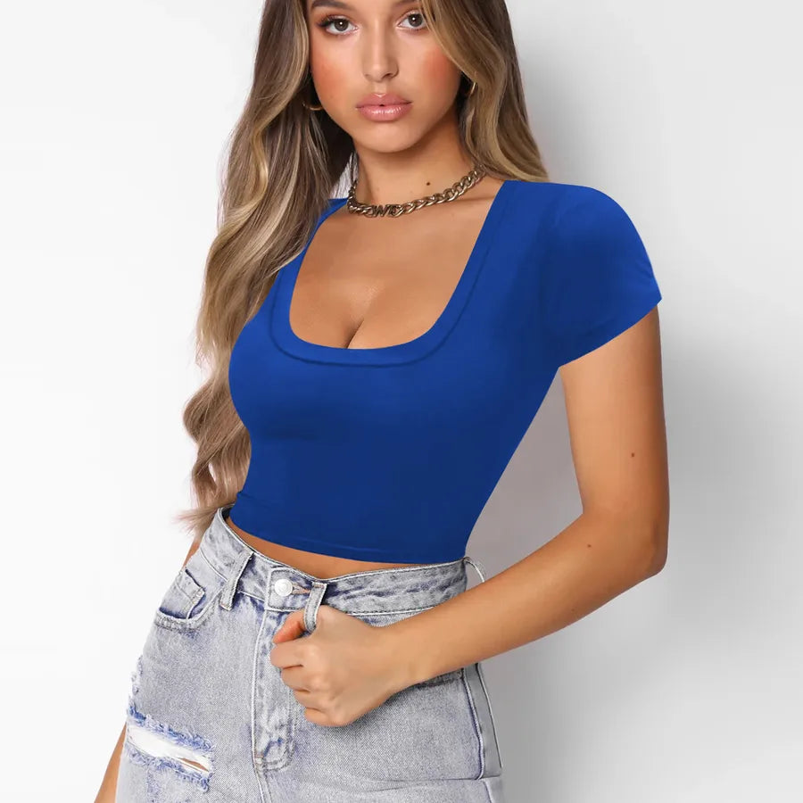 Wholesale Women's Casual Sexy Solid Color Wine Red Short Sleeve T-Shirts