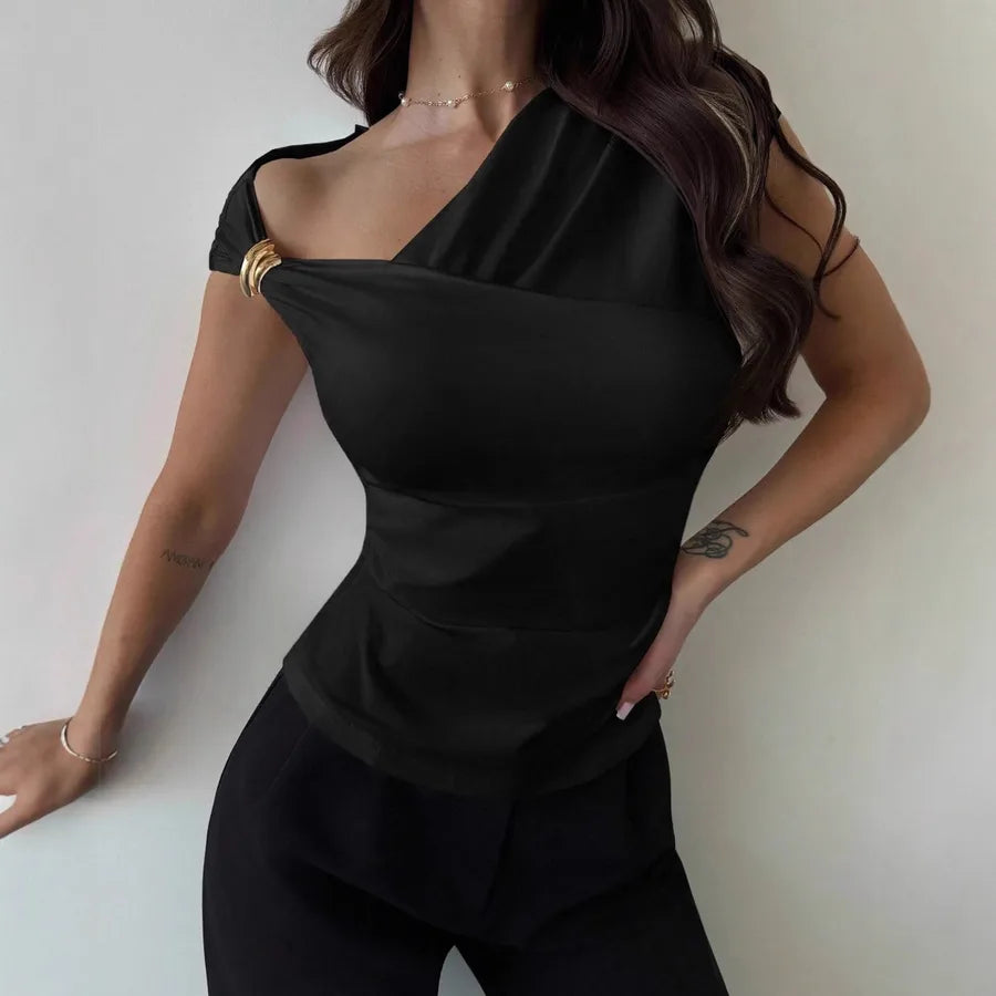 Solid Color Simple Style Short Sleeve Polyester T-shirt with Asymmetrical Design