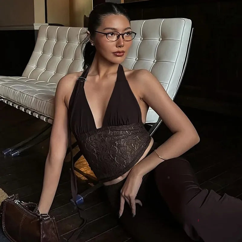 Sexy Polyester Plant Pattern Tube Bra with Lace Craft and Halter Closure