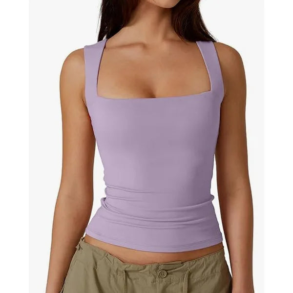 New  Summer New Women's Square Collar Sleeveless Double Layer Vest Basic Tight T-Shirt