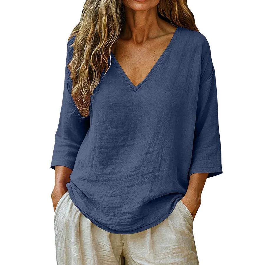 British Style Cotton T-shirt for Women with Half Sleeve and V Neck, Regular Sleeve Design