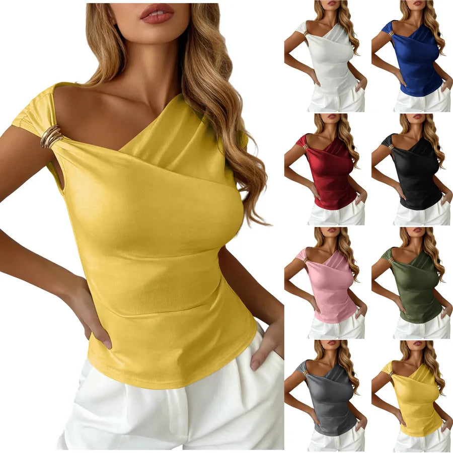 Solid Color Simple Style Short Sleeve Polyester T-shirt with Asymmetrical Design