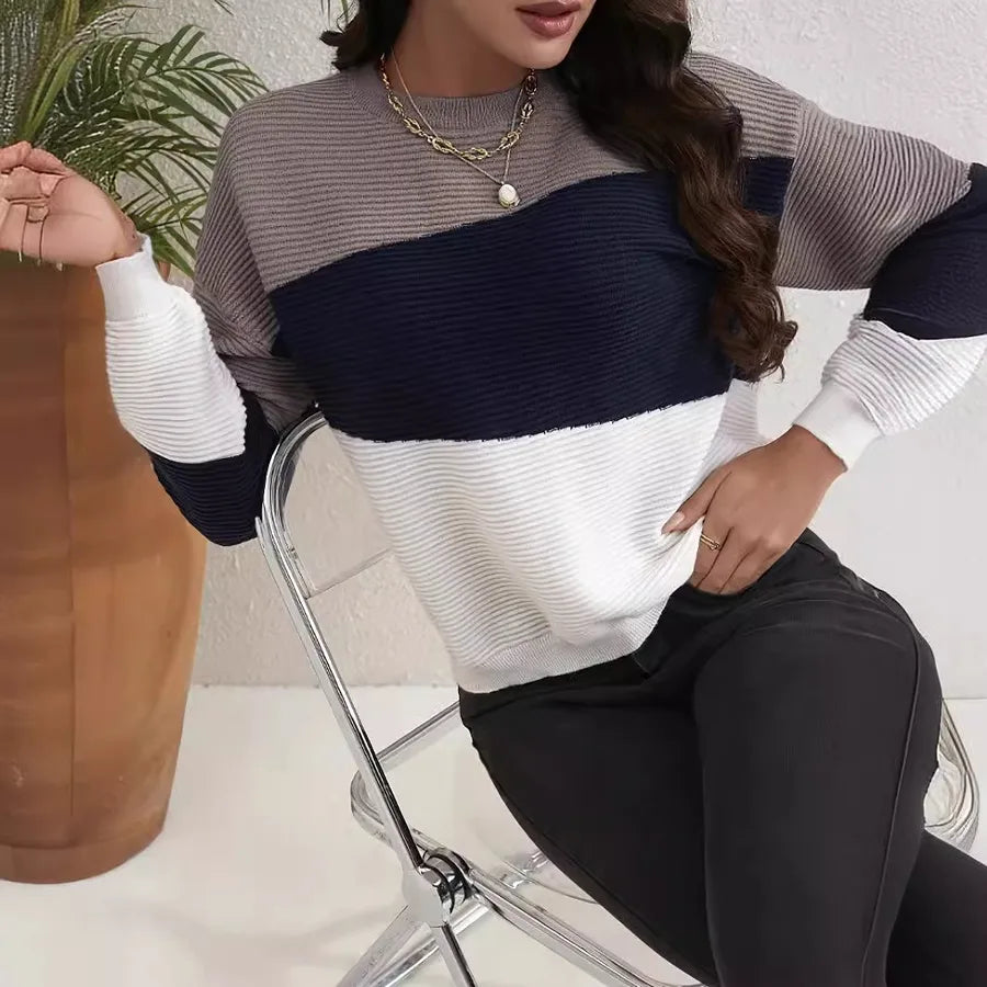 Knitted Sweater Ladies Autumn and Winter Warm Color Matching Design Office Business Casual Round Neck Long Sleeve